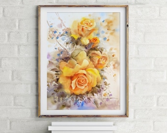 Peinture à l’aquarelle originale faite à la main, art rose jaune, peinture rose, art mural, décoration intérieure, cadeau de maison, décoration de jardin, livraison gratuite