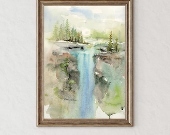 Original Waterfall Watercolor Painting: Handmade Landscape Wall Art