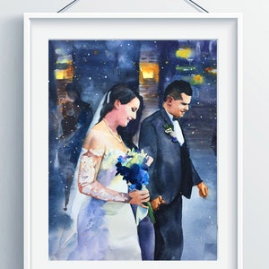 May include: A watercolor painting of a bride and groom walking down a snowy street at night. The bride is wearing a white wedding dress and a veil, and the groom is wearing a black suit. The couple is holding hands and smiling. The background is a dark blue sky with white stars and yellow lights.