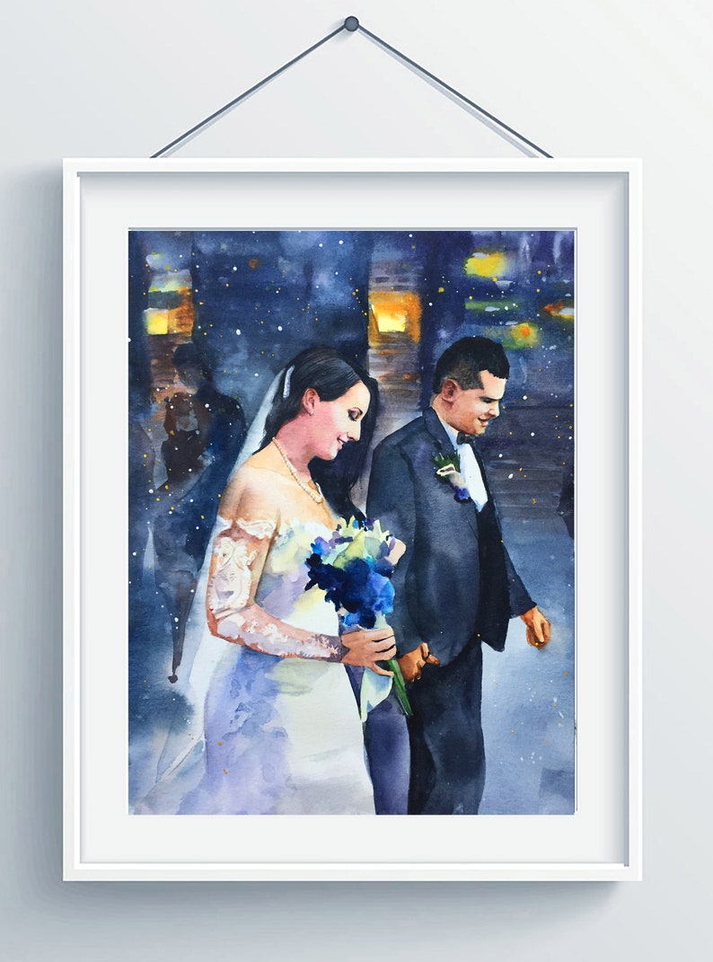 May include: A watercolor painting of a bride and groom walking down a snowy street at night. The bride is wearing a white wedding dress and a veil, and the groom is wearing a black suit. The couple is holding hands and smiling. The background is a dark blue sky with white stars and yellow lights.