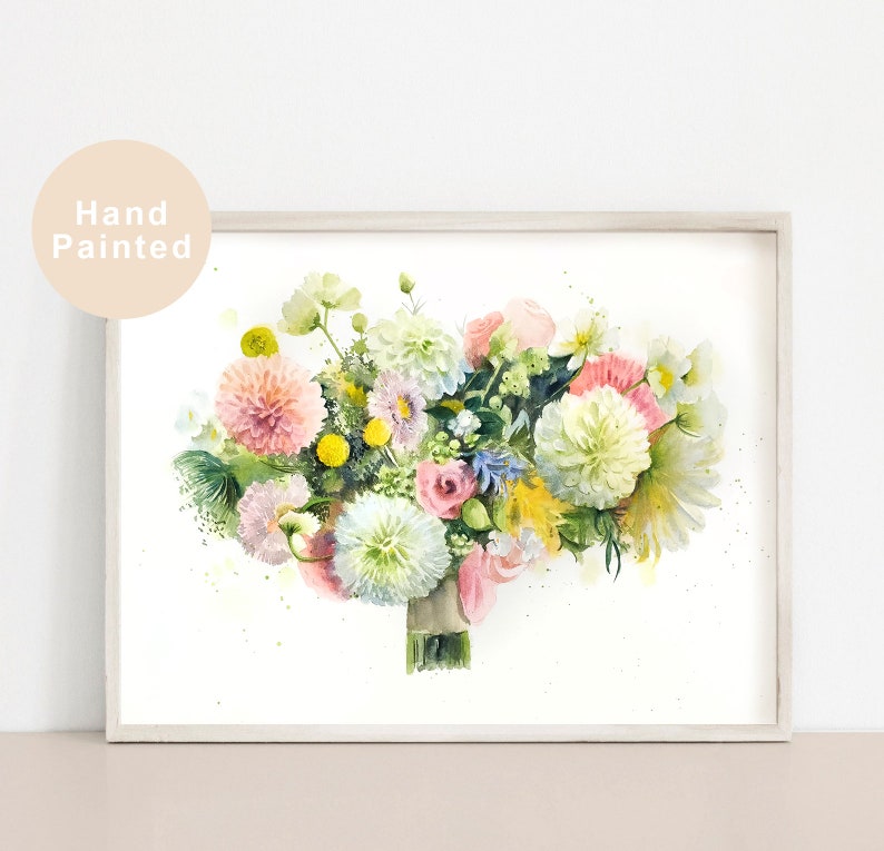 May include: A watercolour painting of a bouquet of flowers in shades of pink, white, yellow, and green. The flowers are arranged in a loose, natural style, and the painting has a soft, romantic feel.