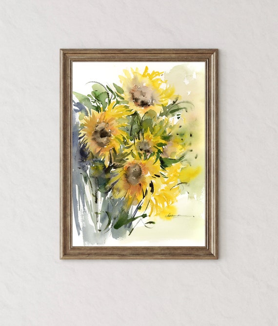 オリジナルのひまわりの水彩画：手作りの花の壁アート（9x12） - Etsy 日本