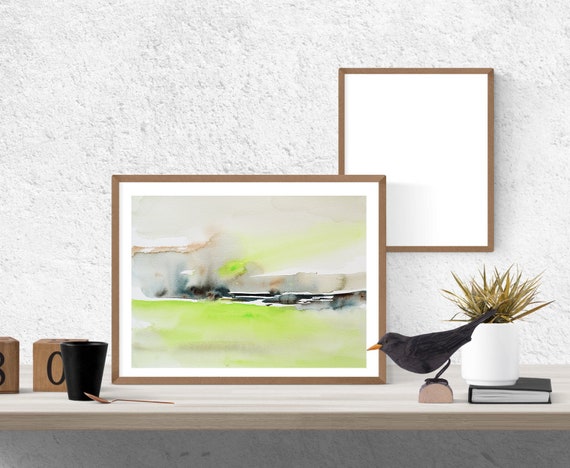 オリジナルの抽象的な緑の風景の水彩画（9x12インチ） - Etsy 日本