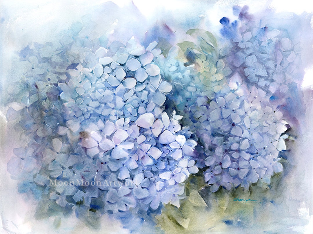 Original Hydrangea Watercolor Painting: Handmade Blue Floral Wall