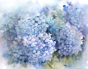 Original Hydrangea Flowers Watercolor Painting, Handmade Blue Flowers Art, Large flowers Painting, Floral Painting Wall Art, 22x30 inches