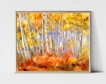 Original Artwork Landscape Watercolor Painting from Artist | Autumn Forest Painting | Aspen Trees Wall Art | Housewarming Gift