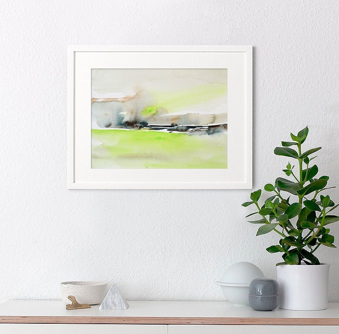 オリジナルの抽象的な緑の風景の水彩画（9x12インチ） - Etsy 日本