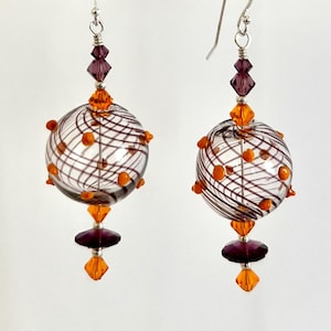 Purple & Orange Blown Glass Sterling Silver Dangle Drop Earrings or Threaders with Swarovski Crystals