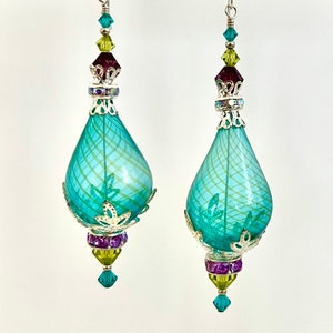 Teal Blown Glass with Olive Stripes Sterling Silver Dangle Drop Earrings with Swarovski Crystals