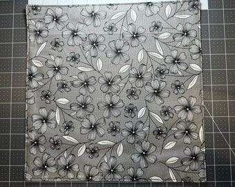 Gray Flowers Pocket Square, Large 11in, Hank with Black Cotton Backing