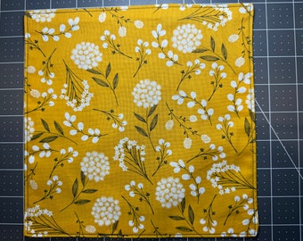 Yellow Flowers Pocket Square, Small 8in, Hank with Black Cotton Backing