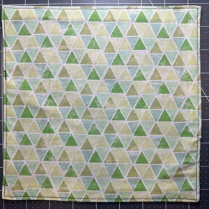 Green Triangles Pocket Square, Small 8in, Hank with Black Cotton Backing
