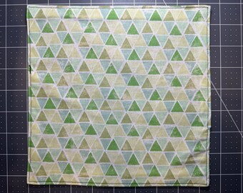 Green Triangles Pocket Square, Small 8in, Hank with Black Cotton Backing