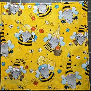 Gnome Bees Pocket Square, Small 8in, Hank with Black Cotton Backing