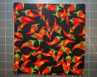 Red Chili Peppers Pocket Square, Small 8in, Hot Pepper Patterns, Hank with Black Cotton Backing