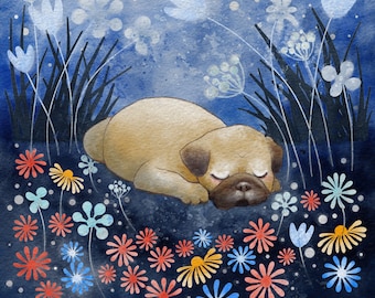May include: Watercolor illustration of a sleeping pug dog surrounded by colorful flowers and tall grass against a dark blue background. The pug is light brown with dark brown ears and is curled up asleep. The flowers are red, yellow, blue, and white.