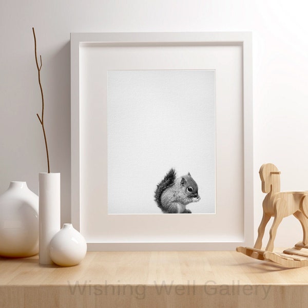 Squirrel print modern minimal black and white nursery print instant downloadable printable wall art photo wall art decor animal print