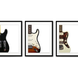 Set of 3 digital guitar prints, telecaster stratocaster and jazzmaster, digital downloads electric guitar prints music room printables