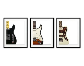 Set van 3 digitale gitaarprints, telecaster stratocaster en jazzmaster, digitale downloads elektrische gitaar prints printables muziekkamer