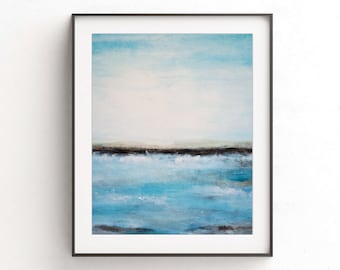 May include: Abstract painting of a seascape with a dark blue horizon line and a light blue sky. The water is painted in shades of blue and white, creating a sense of movement and depth.