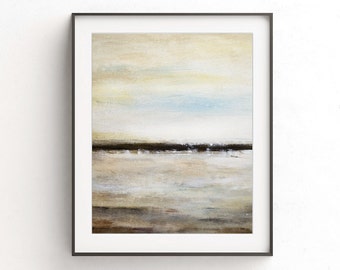 May include: Abstract painting with a horizontal line of dark brown paint separating a light brown and beige background from a light blue and white sky.