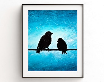 Bird print digital download printable art wall decor blue birds on wire silhouette print modern home decor design artwork