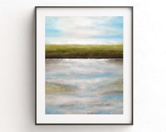 May include: A framed abstract painting of a landscape with a green field, a blue sky, and a reflective body of water. The painting is done in a watercolor style.