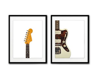 Digital guitar prints Fender Jazzmaster vintage white set of 2 prints instant download diptych sharp photos music gift printables