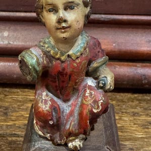 19th Century Polychromed Wooden Santos Sculpture- Christ Child Holding a Sparrow- on stand