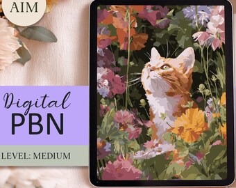 Cat in Floral Garden Digital Paint by Numbers PNG template PBNbyAIM