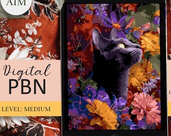 Digital Paint by Numbers: Cat in Floral Garden PNG template PBNbyAIM