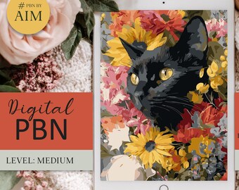 Cat in Floral Garden - Digital Paint by Numbers for phone PNG template PBNbyAIM