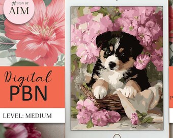 Puppy in Flowers Digital Painting By Numbers PBN by AIM
