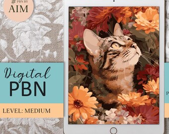 Cat in Floral Garden template - Digital Paint by Numbers for Ipad PBNbyAIM