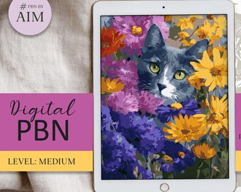 Cat in Floral Garden - Digital Paint by Numbers PNG template PBNbyAIM