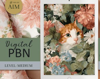 Cat in Floral Garden - Digital Paint by Numbers for Ipad PNG template PBNbyAIM