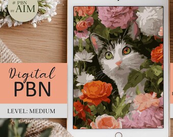 Digital Paint by Numbers: Cat in Floral Garden PNG template PBNbyAIM