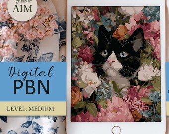 Cat in Floral Garden Digital Paint by Numbers: PNG template PBNbyAIM