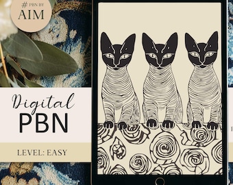 Art Deco Cats Digital Paint by Numbers: 3-Color Digital Template for iPad Tablet