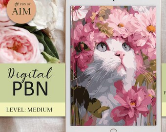 White Cat in a Floral Crown - Digital Paint by Numbers for Ipad PNG template PBNbyAIM