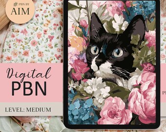 Digital Paint by Numbers: Cat in Floral Garden PNG template PBNbyAIM