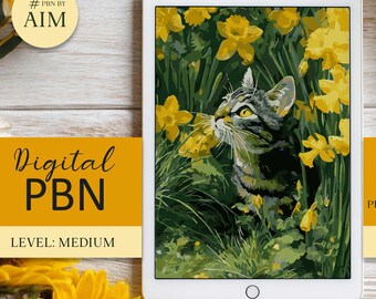 Digital Paint by Numbers: Cat in Floral Garden Coloring template for iPad PBNbyAIM