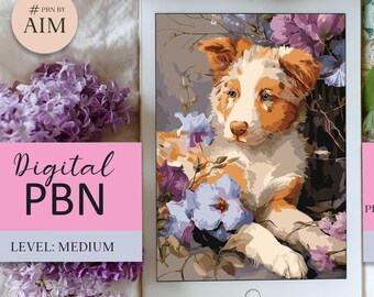 Digital Paint by Numbers: Dog in Flowers PNG coloring template PBNbyAIM