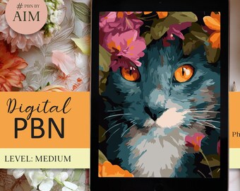 Cat in Floral Garden - Digital Paint by Numbers for Phone PNG template PBNbyAIM