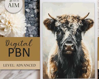 Highland Bull Paint by Numbers | Irish Farmhouse Art (Digital Download, A2 Size)