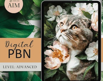 Scottish Fold Cat and Peonies - Digital Paint by Numbers (iPad & Tablet, A2 Size PNG Kit)