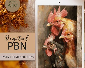 Digital Paint by Numbers - Chickes, Farm Animal Portrait (PNG + PSD Downloadable Files A2 Size )