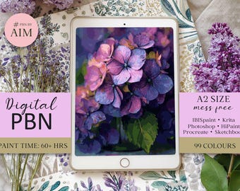 Hydrangea Paint by Numbers | Purple Floral Digital Download | iPad Procreate Template | Relaxing Stress Relief Craft for Flower Lovers