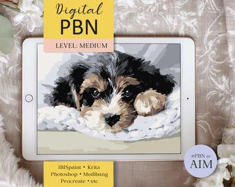 Digital Paint by Numbers: Dog in Flowers PNG coloring template PBNbyAIM