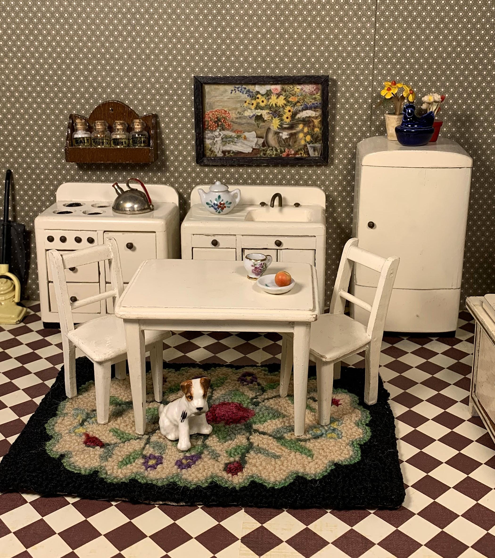 Pc Miniature Kitchen Set, Chestnut Hill Studios-Sink, Stove,  Refrigerator, Table, Chairs, Wooden, Vintage 1950s, 1:12 Scale Dollhouse